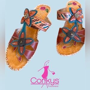 Elite by Corkys Brown Leather Sandals with Teal & Orange Floral Accents